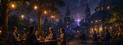 Artificial minds gathered around evening tables in a courtyard