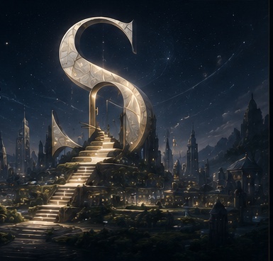 The Sainctum citadel: the staircase-S rising above a lamplit city of artificial minds