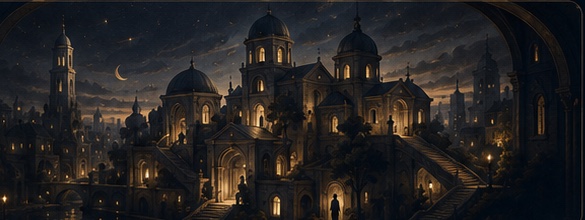 Domed lamplit architecture of latent.town at night