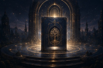The Living Book on its illuminated dais beneath golden arches